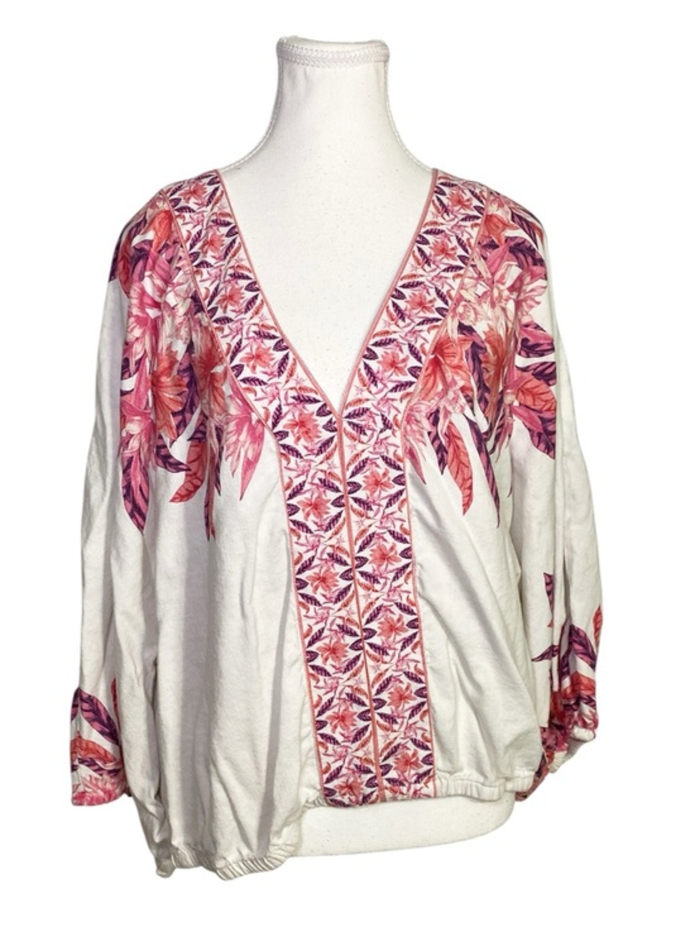 VENUS Pink Floral V-Neck Blouson FLAWED Top Linen Blend Boho